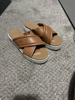 UGG Women’s Cognac Leather Crisscross Platform Slide Sandals